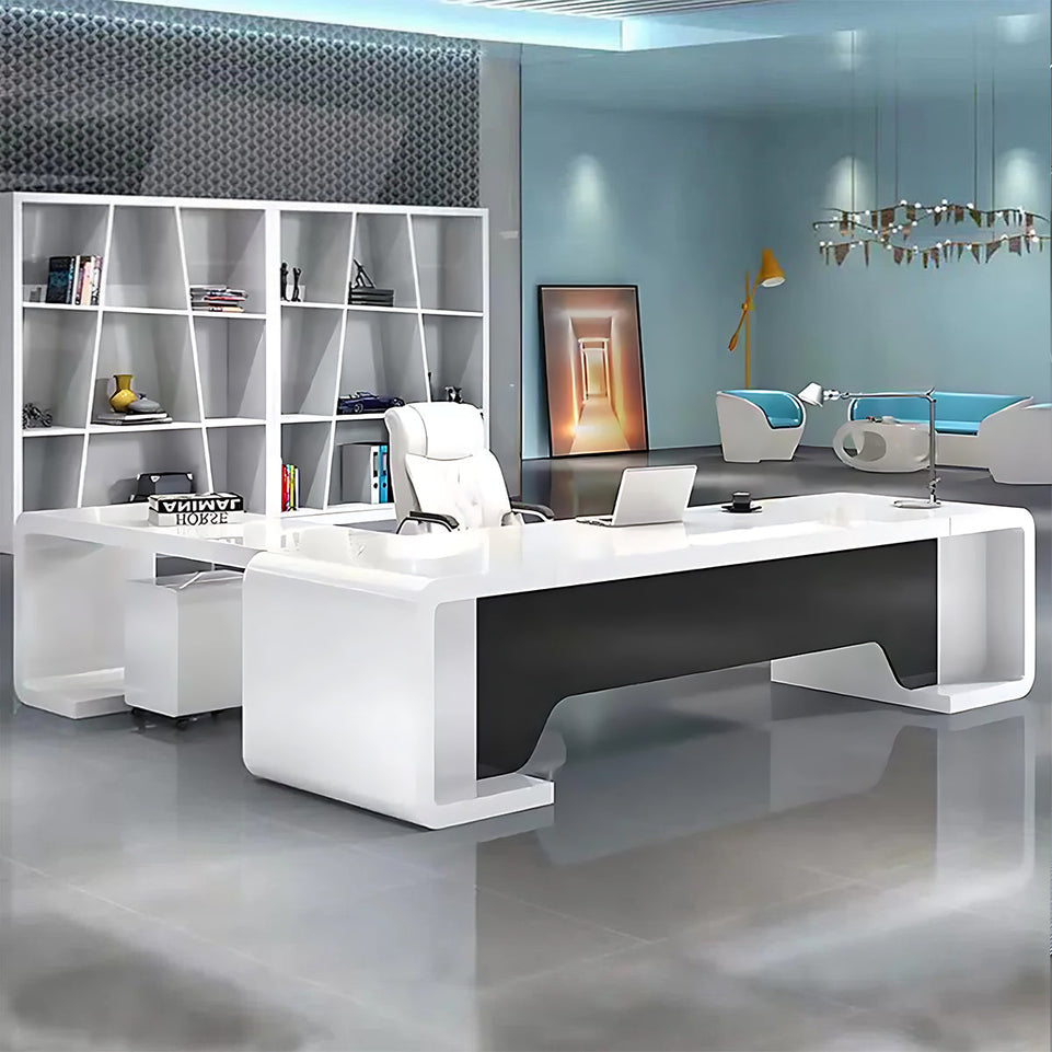 Minimalist Luxury White L-Shaped Executive Desk with Black Privacy Panel LBZ-2009